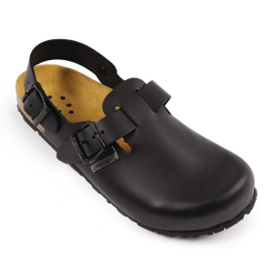 Abeba schwarze Lederclog mit Fersenriemen...