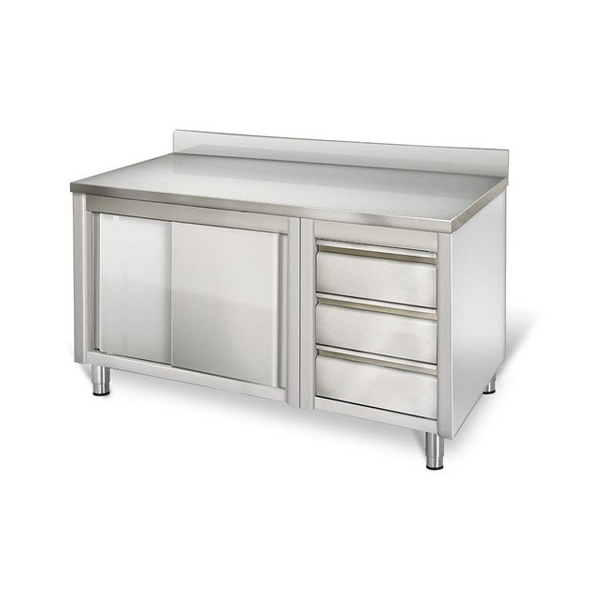 Arbeitsschrank 1,4m - mit 3 Schubladen rechts und Aufkantung