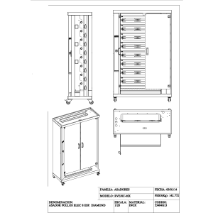 Hähnchengrill Glaskeramik, 8 Spieße auf Rädern (40 Hähnchen)