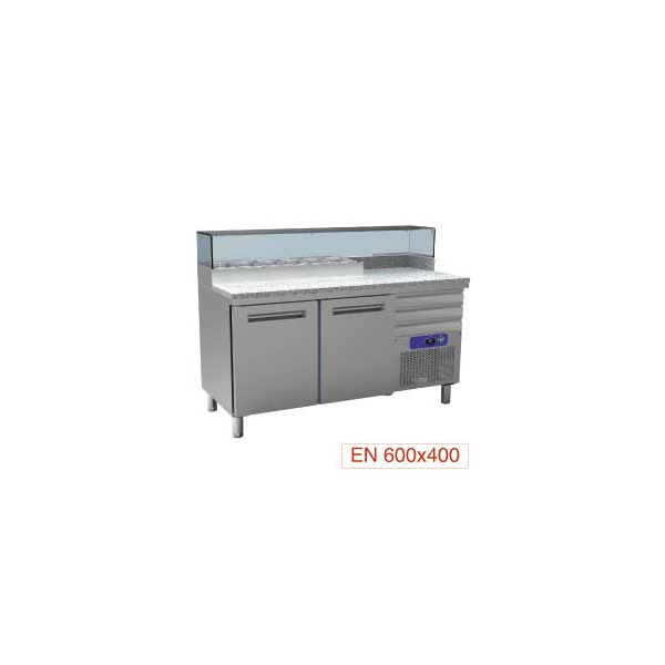 Gekühlter Pizzatisch, 2 Türen 600x400, 3 neutrale Schubladen 600x400, Kühlaufsatz 6x GN ¼