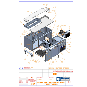 Gekühlter Pizzatisch, 3 Türen 600x400, 3 neutrale Schubladen 600x400, Kühlaufsatz 8x GN ¼