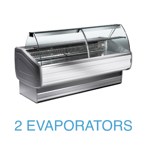 Gekühlte Verkaufstheke mit gebogener Frontscheibe und Reservefach