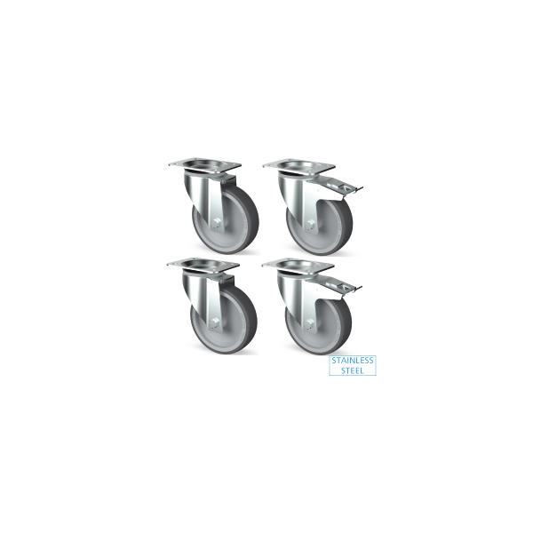Kit 4 Edelstahlfüsse, Lenkrollen, 2x Bremse
