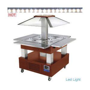 Warmes Bain Marie Insel-Buffet, 4x1/1-150 dunkles Holz